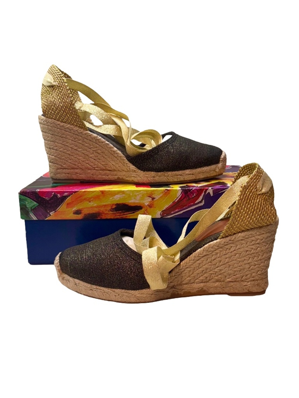 Andre Assous NWB Espadrille Canvas Black & Gold Metallic Tie Wedge Size 9 (39) - Picture 4 of 7